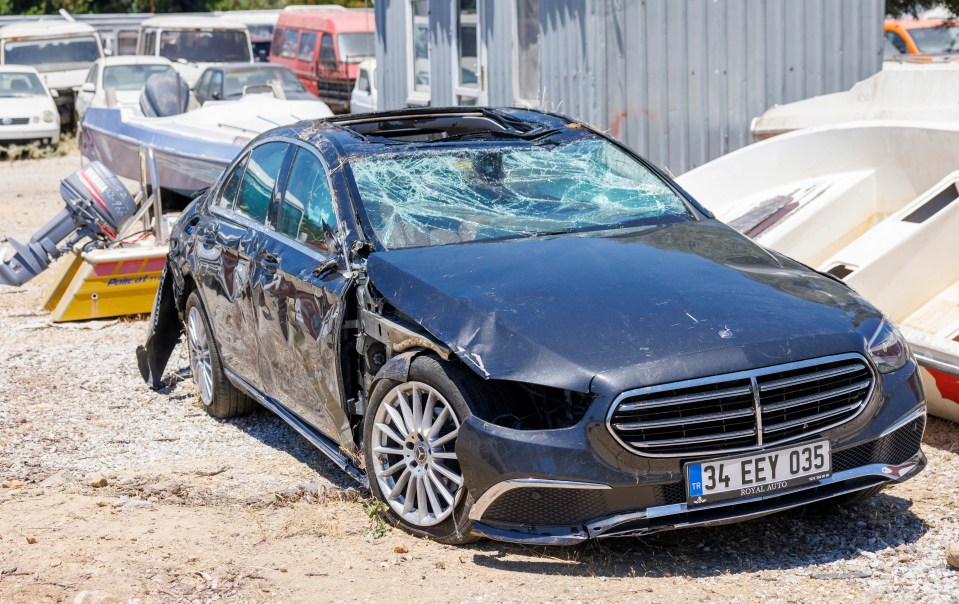 The badly damaged Mercedes in which Jake died and Yasmin was forced to snap her arm in an attempt to escape the wreckage