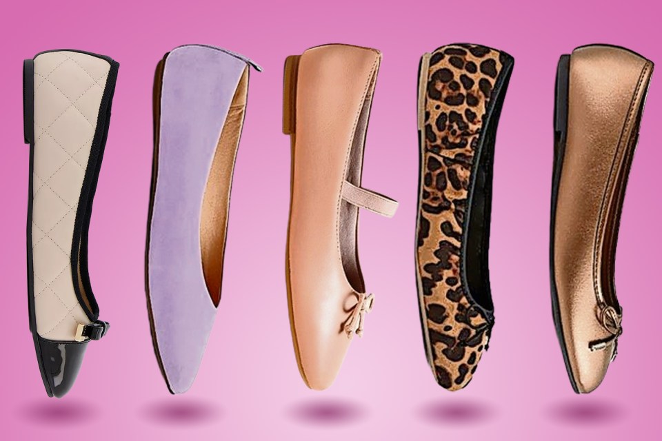 From left to right: Cream and black, £34.99, Office; Lilac, £36, Next; Dusty pink with strap, £35, Marks & Spencer; Leopard print, £16, Tu at Sainsbury’s; Bronze, £10, George at Asda