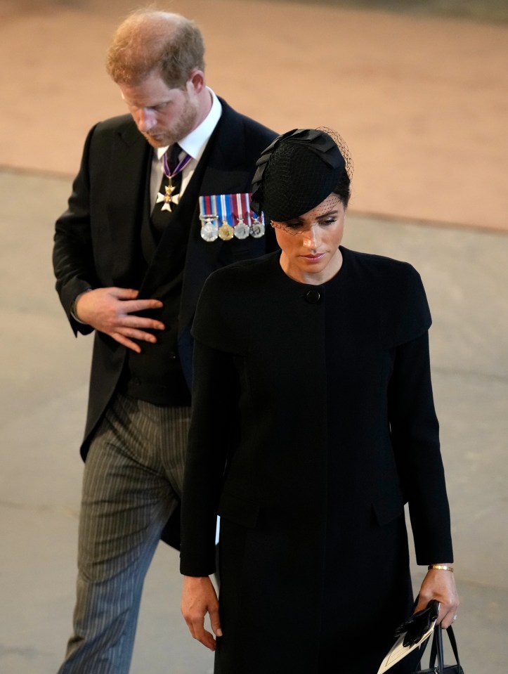 But Harry and Meghan, pictured paying their respects to the Queen at The Palace of Westminster, are reportedly furious as their children will not get HRH status