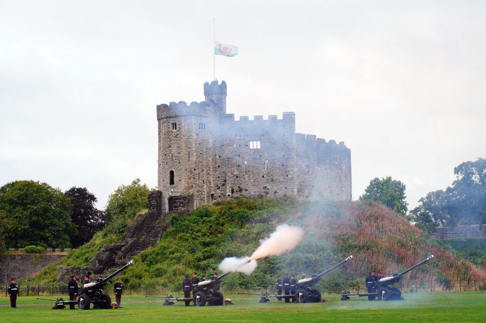 Cardiff Castle is shrouded in smoke from the gun salute