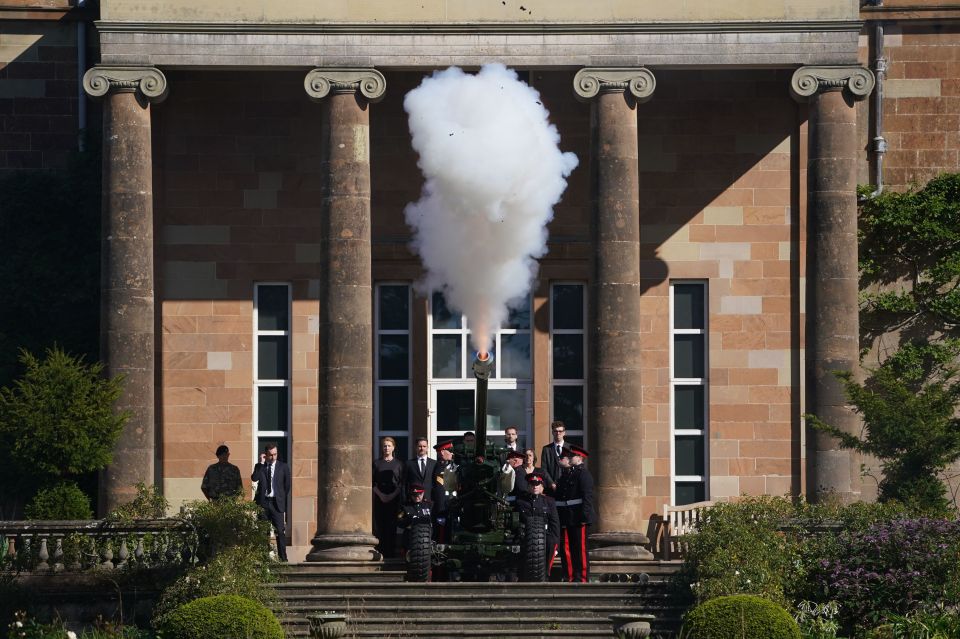 A 21-gun salute by the 105 Regiment Royal Artillery at Hillsborough Castle, Belfast