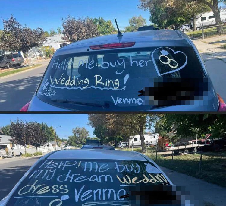 A couple asked strangers to donate towards their wedding with messages on her car