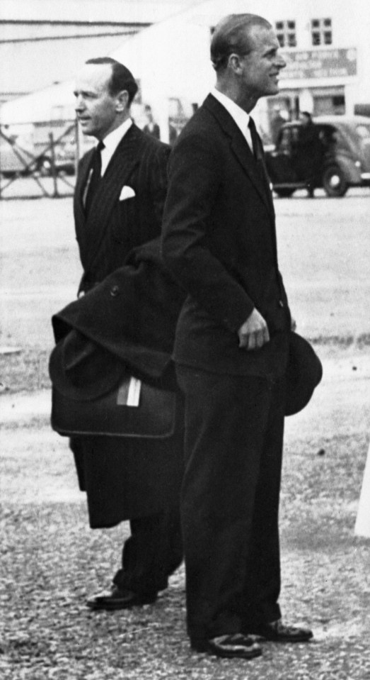 Prince Philip with Private Secretary Lieutenant Commander Michael Parker in Gibraltar, after resigning following the announcement by his wife, Eileen Parker, of their separation in 1957