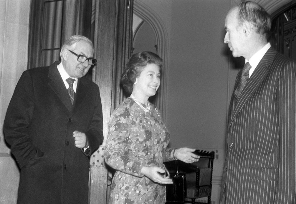 Queen Elizabeth II welcoming Prime Minister James Callaghan (left) and French President Valery Giscard d’Estaing for a lunch at Windsor Castle