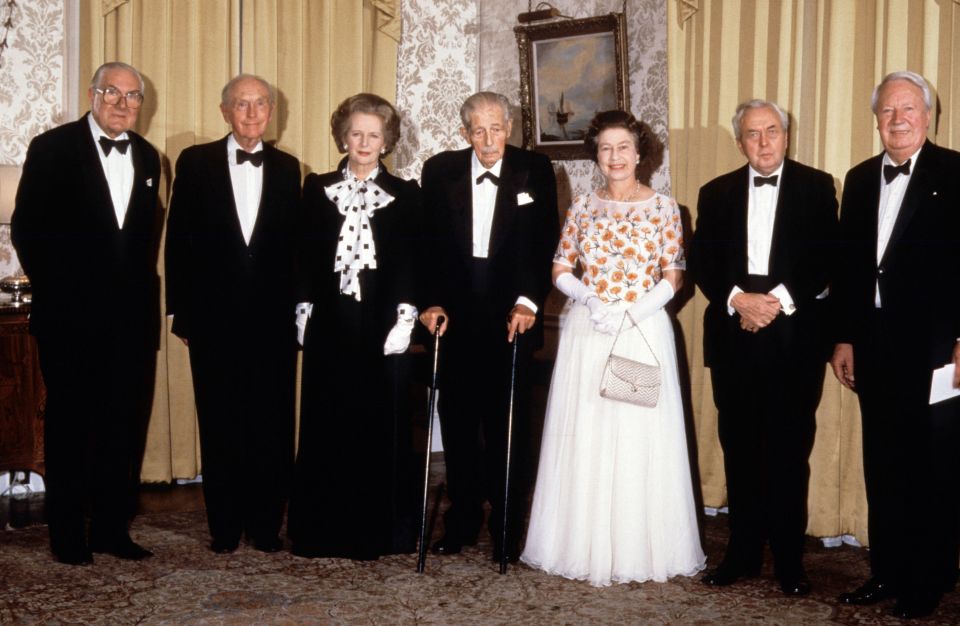 Queen Elizabeth II and five former PMs: (L-R) James Callaghan, Lord Home, Harold Macmillan, Margaret Thatcher, Lord Stockton, the Queen, Lord Wilson