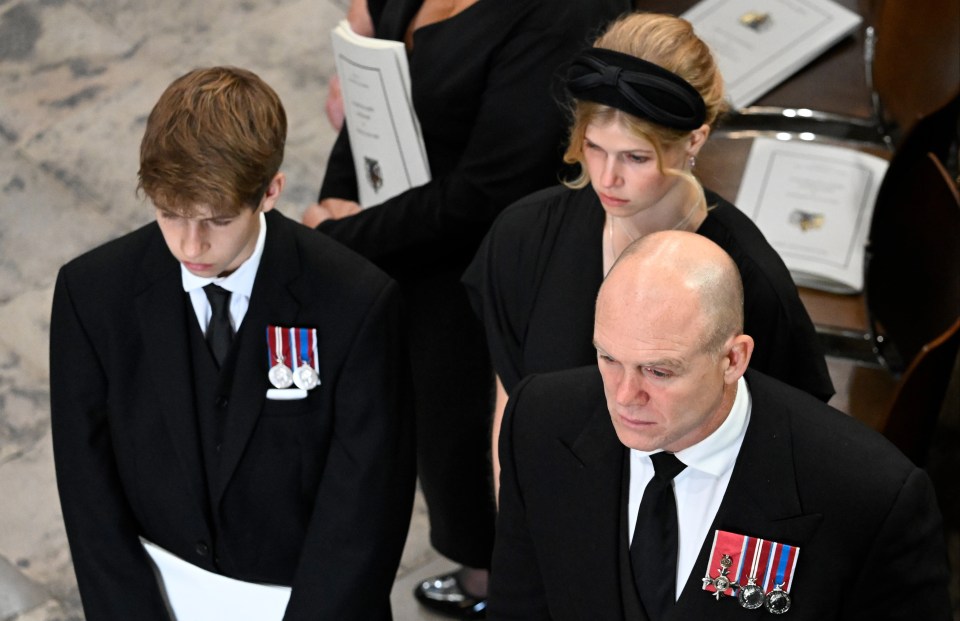 James, Viscount Severn, Lady Louise Windsor and Mike Tindall at Westminster Abbey