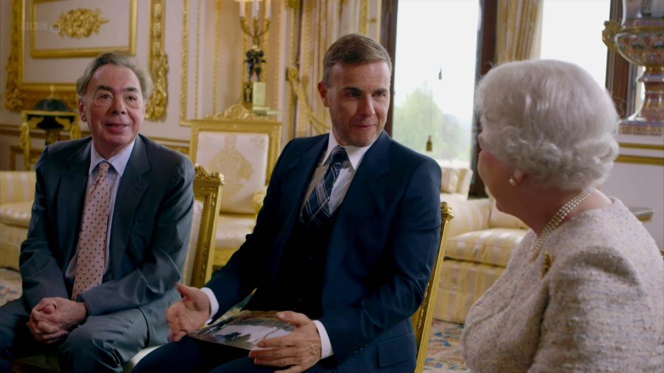 The Queen with Gary Barlow and Andrew Lloyd Webber