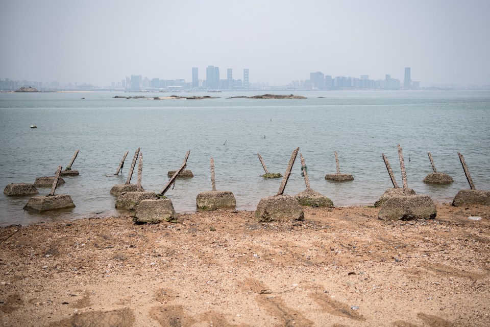 Anti-landing barricades on a beach facing China on Taiwan's Little Kinmen island, a few miles from the mainland