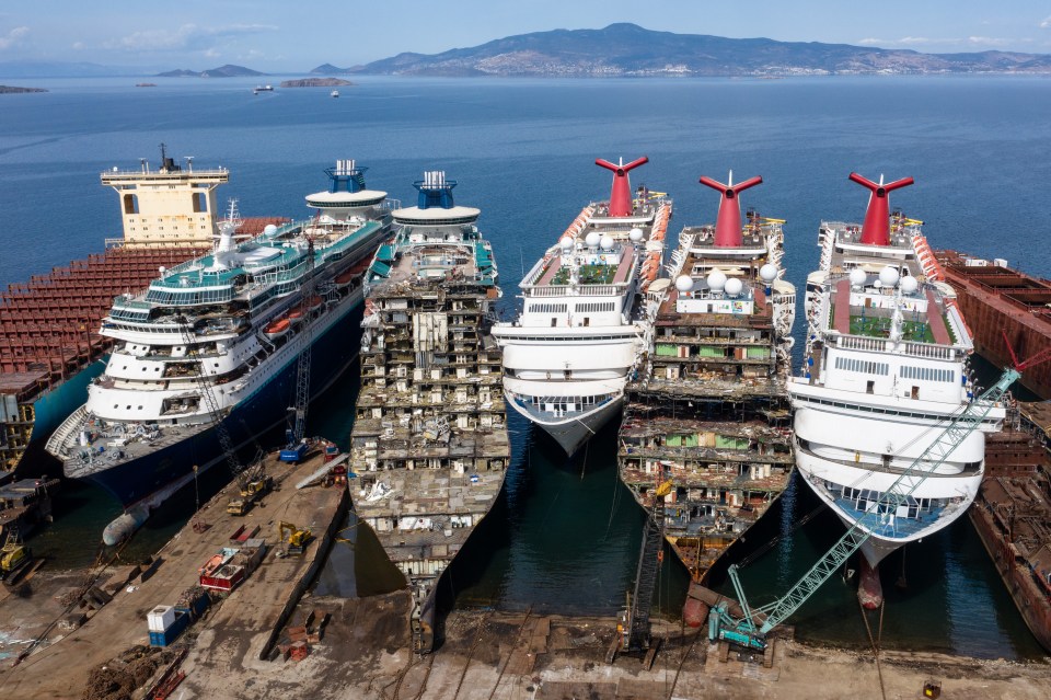 A line of ships being demolished at the Aliaga yard in Turkey