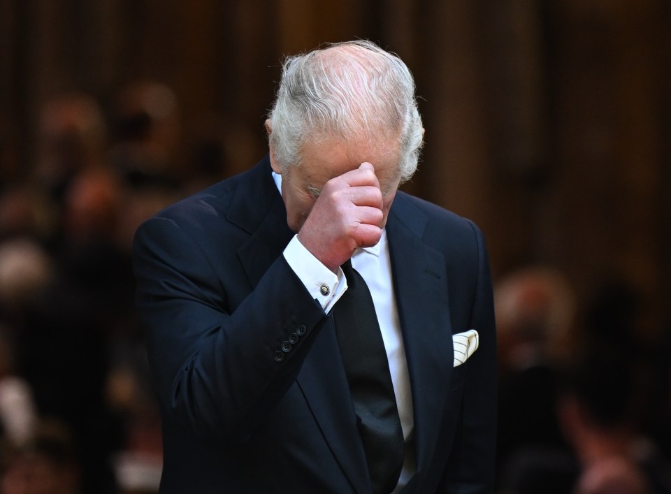 The Monarch appeared emotional at a service to remember his mother