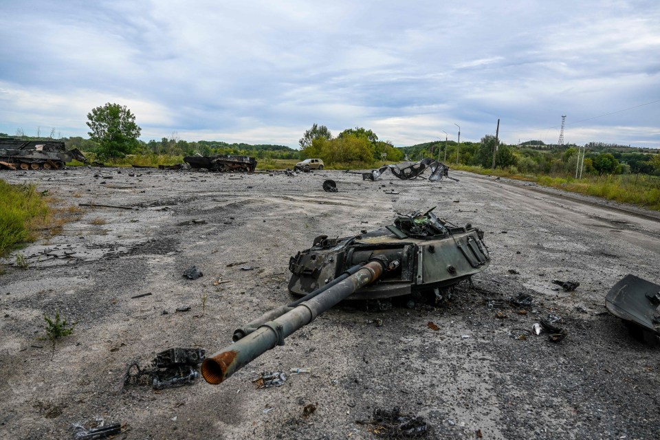 The turret of a Russian tank destroyed by Ukrainian forces