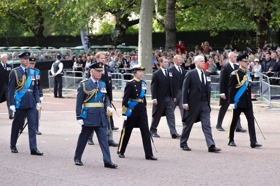 The royals walk in unison as they pass thousands of mourners