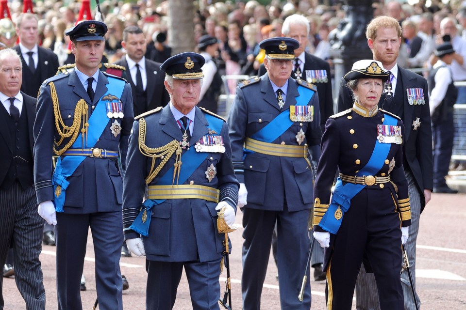 Senior royals walk during the procession for the lying-in-state of the late monarch