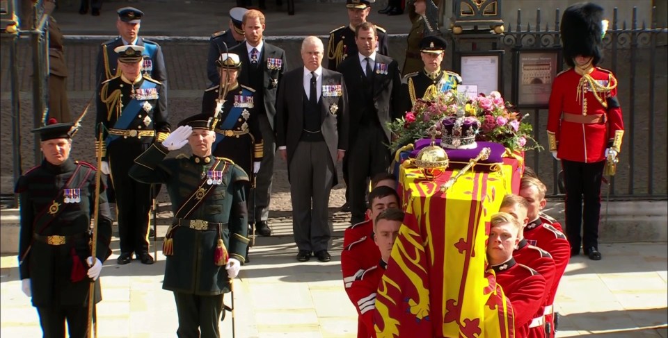 Members of the Royal Family follow the Queen's coffin on its final journey to the church