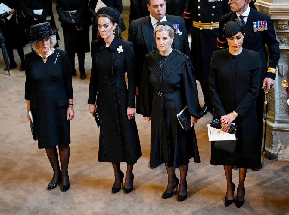 Camilla, Queen Consort, pictured with Catherine, Princess of Wales, Sophie, Countess of Wessex and Meghan, Duchess of Sussex