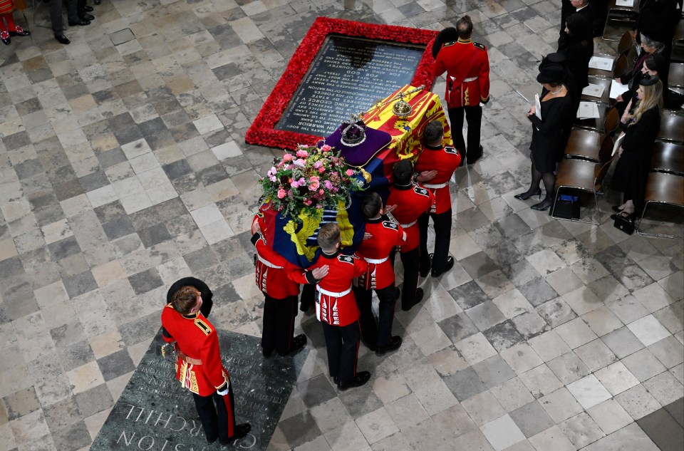 The coffin with the Imperial State Crown resting on top