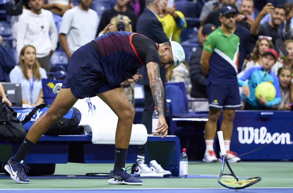 Kyrgios smashed up his racket after being dumped out at Flushing Meadows in five sets