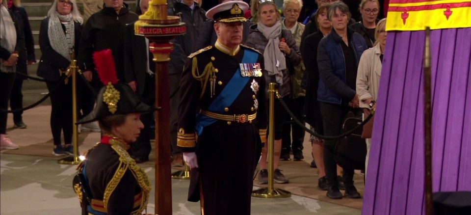 Prince Andrew wore military uniform as he stood vigil beside his mother's coffin