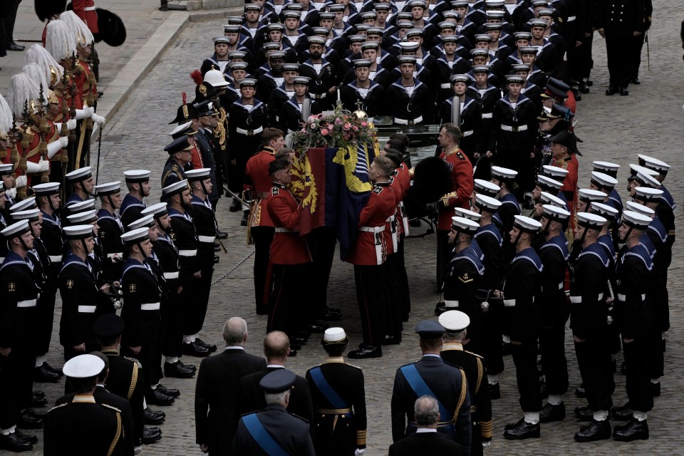 The coffin of Queen Elizabeth II leaves Westminster Hall for her funeral service