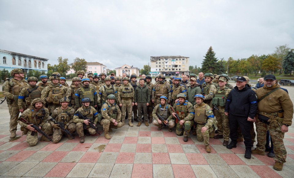 The lionhearted leader today joined troops in the town of Izium – a former Russian stronghold