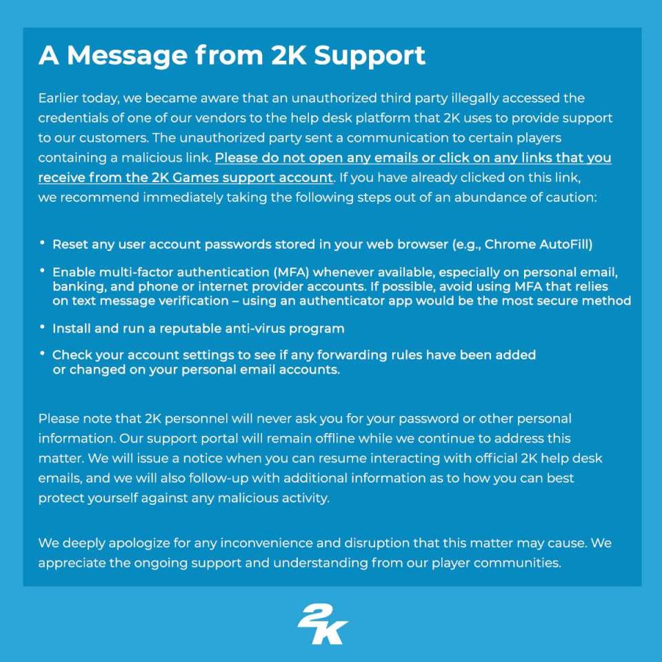 2K warned gamers on Twitter