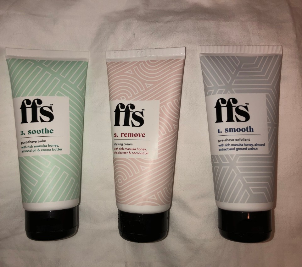 FFS three-step shaving system: pre-shave exfoliant, shaving cream, and post-shave balm.