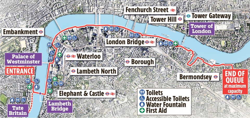 The queue stretches from Westminster all the way to Southwark Park - it totals ten miles, including three-miles of zig zag queue control in the park