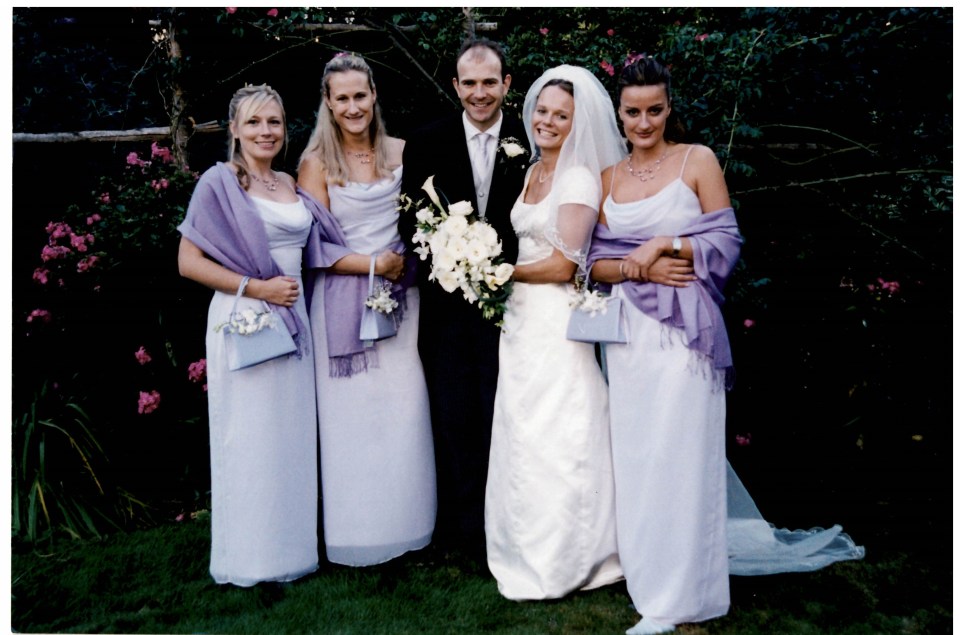 Dan and Polly on their wedding day with Bridesmaid Annika (far right)