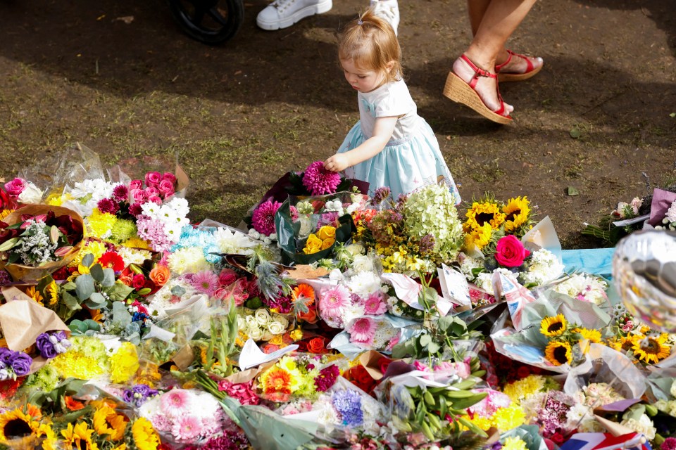 A child holds a flower near the floral tributes left by people in St James's Park, London