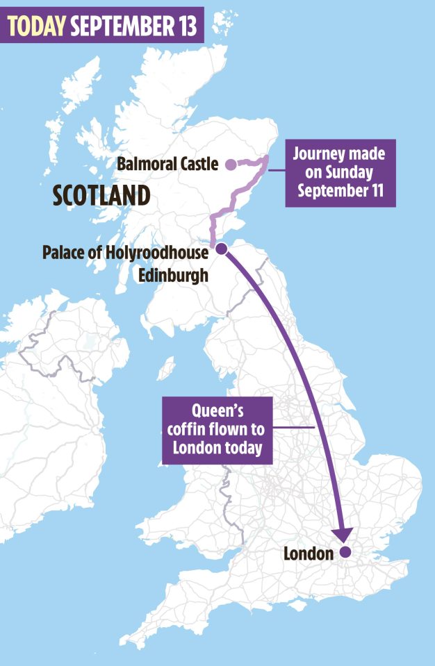 The Queen’s coffin will be taken by Royal Air Force aircraft to RAF Northolt, in North West London, and is expected to arrive at 7pm