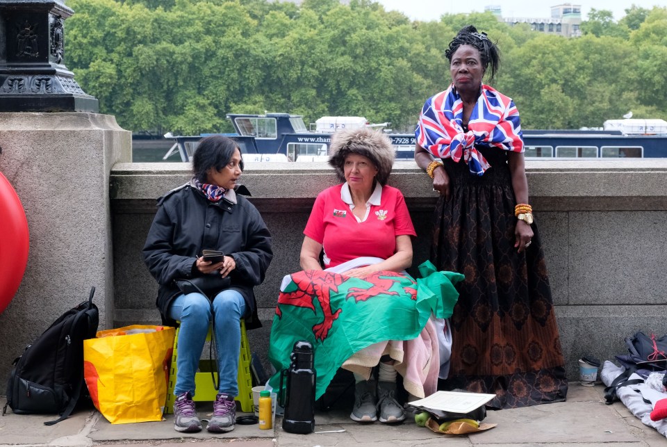 Vanessa, Anne and Grace, from left to right, wait opposite the Palace of Westminster to be first in line to say farewell to The Queen in London