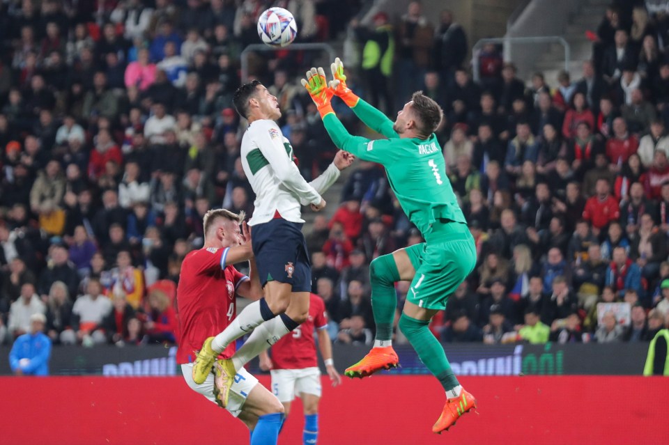 Cristiano Ronaldo collides with keeper Tomas Vaclik