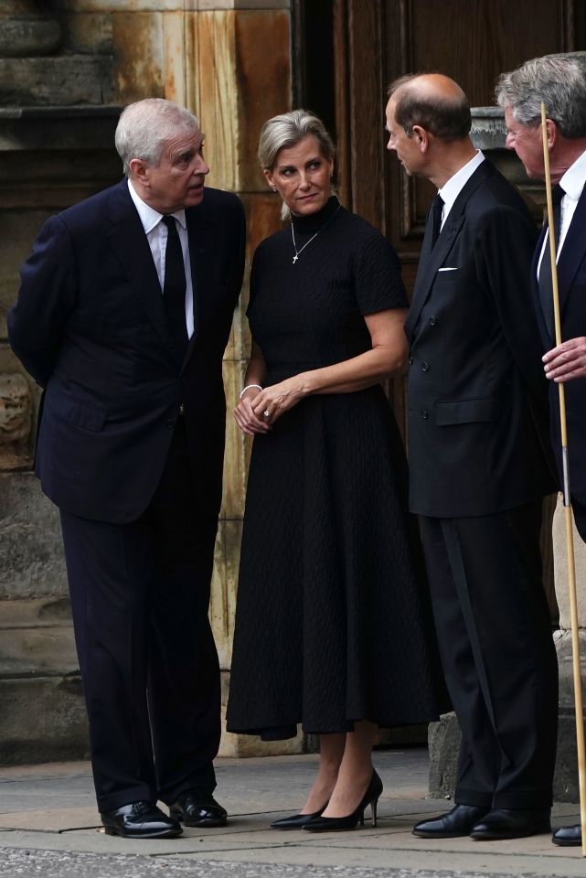 Prince Andrew, Sophie Wessex and Prince Edward wait to receive Her Majesty