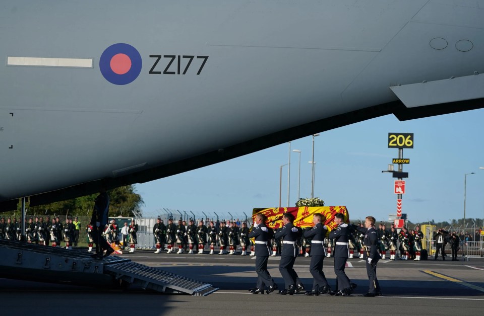 The Queen's coffin was flown back to the capital on an RAF jet