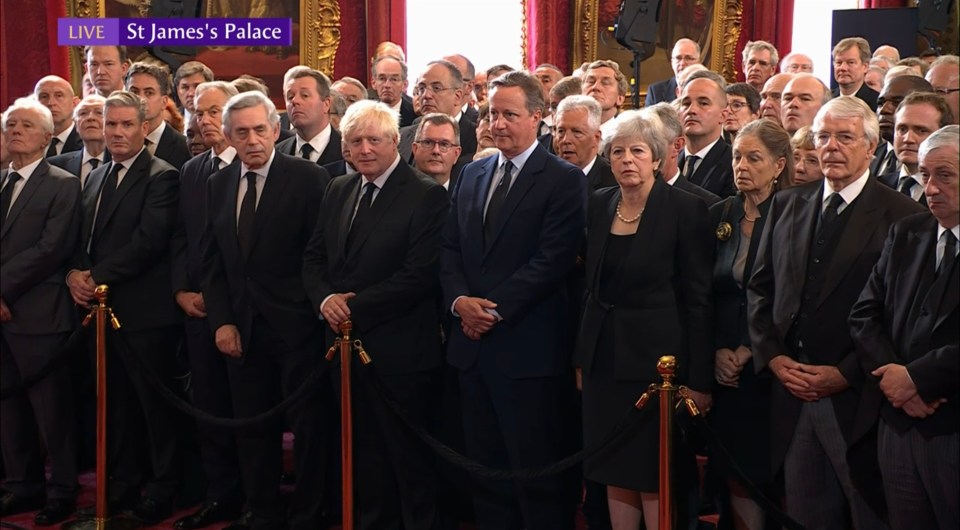 From left: former PMs Gordon Brown, Boris Johnson, David Cameron, Theresa May and Sir John Major at the ceremony yesterday