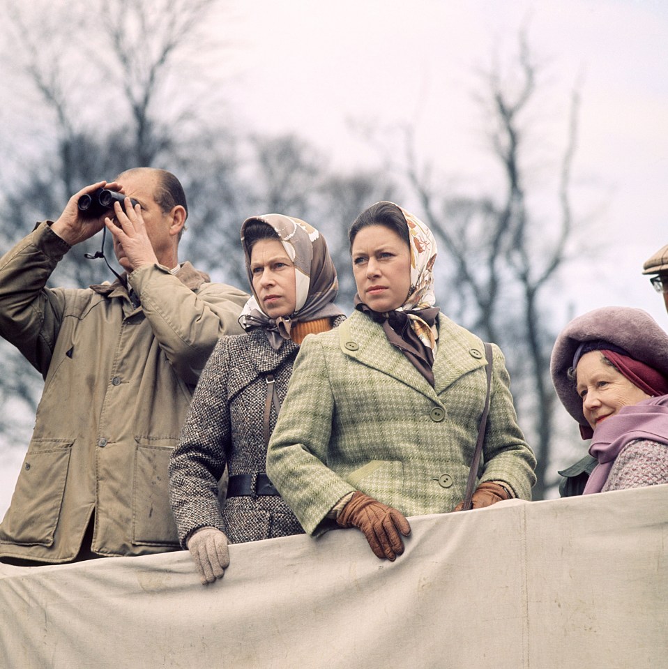 Prince Philip, Queen Elizabeth II, Princess Margaret and the Queen Mother at the Badminton Horse Trials in 1973