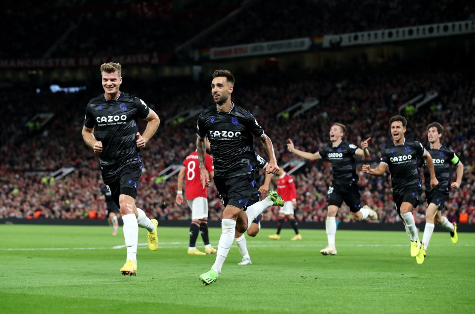 Brais Mendez celebrates after firing Real Sociedad ahead at Old Trafford