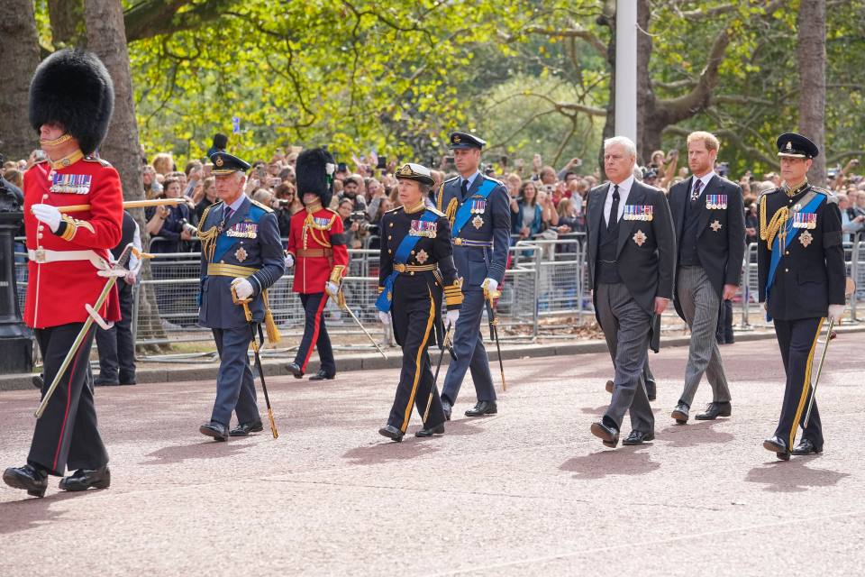 King Charles, Princess Anne, Prince Andrew and Prince Edward stood on the front row, with Prince William and Prince Harry behind