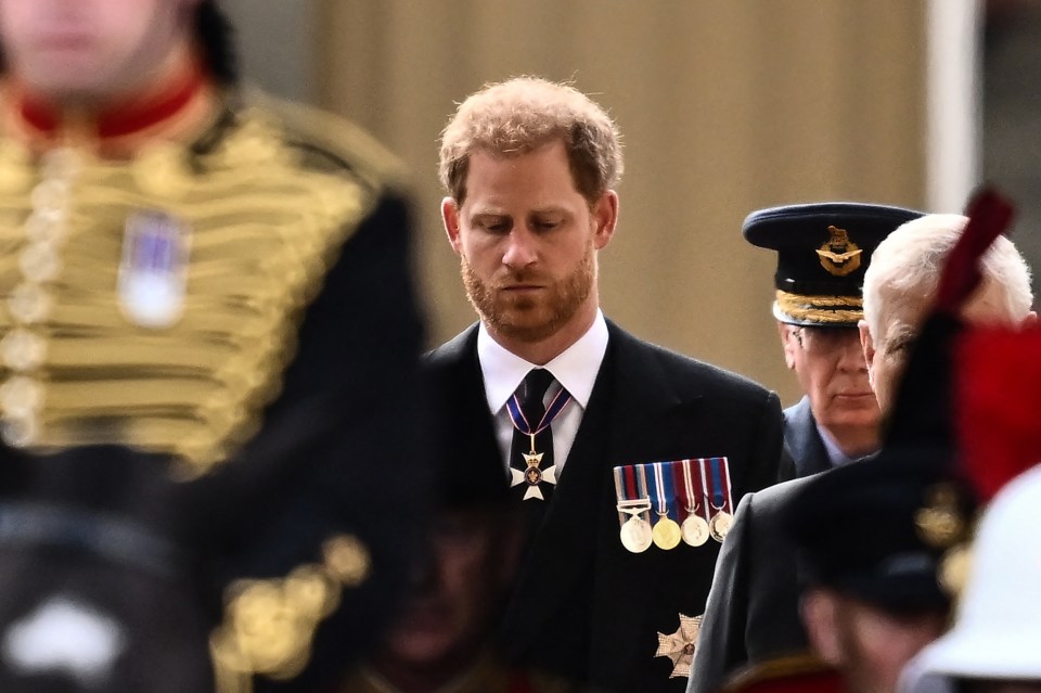 Harry appears deep in thought as he follows the coffin