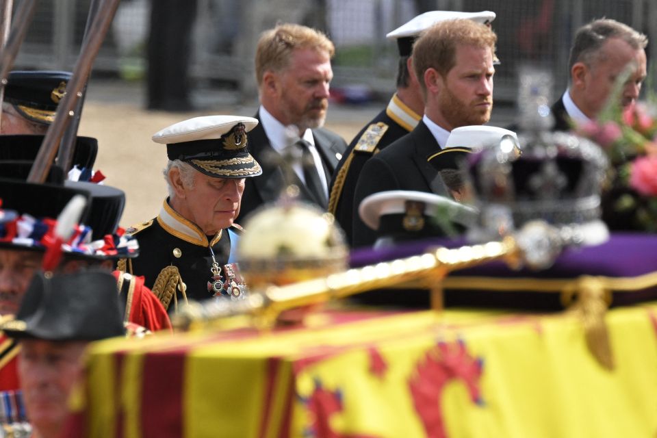 King Charles and son Harry follow the Queen's coffin draped in the Royal Standard