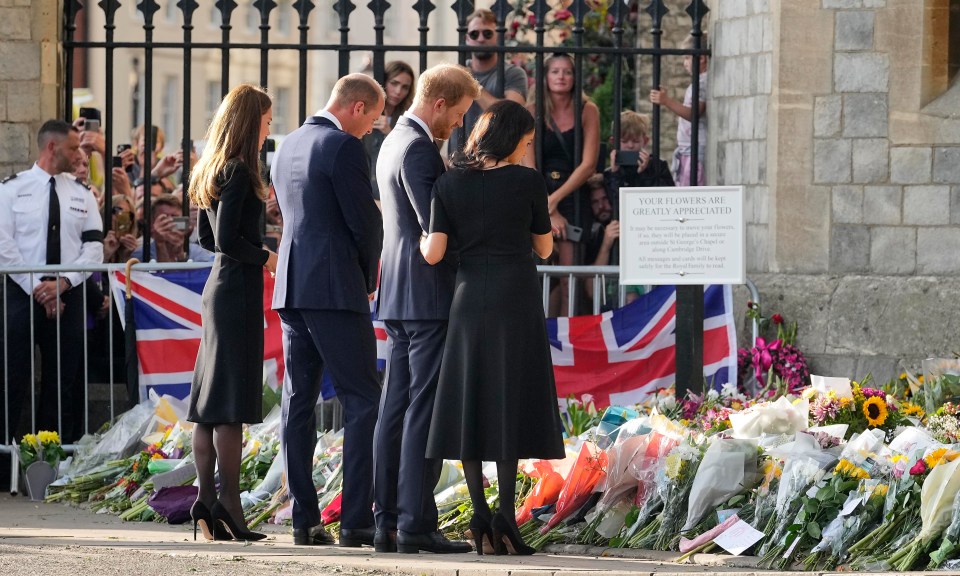 William asked his brother Harry and Meghan to join him and wife Kate to see the flowers and well-wishers at Windsor Castle