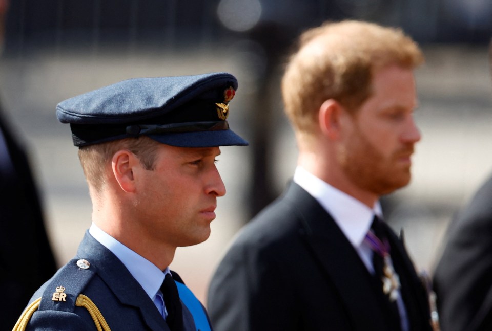 William and Harry during the procession following the Queen's coffin yesterday