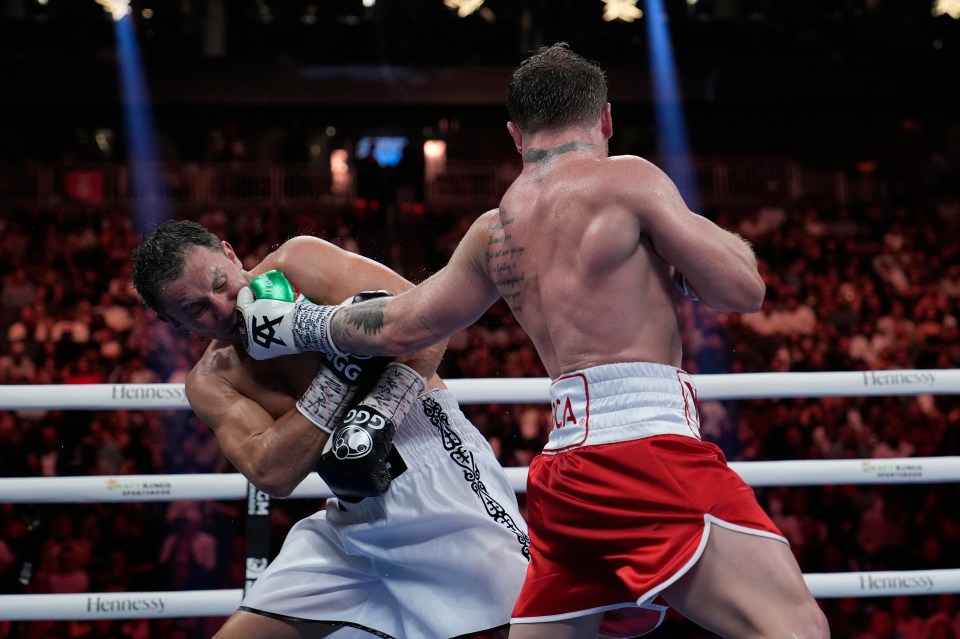 A left hook lands flush for Canelo Alvarez