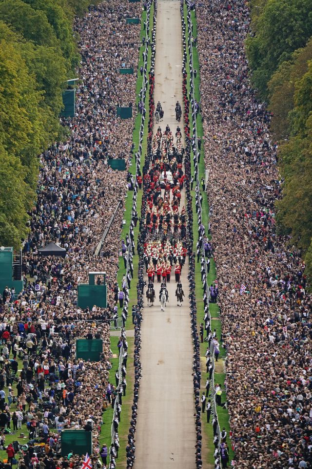 Thousands turned out to watch the Queen's coffin travel down the Long Walk as it arrived at Windsor Castle for the Committal Service at St George’s Chapel