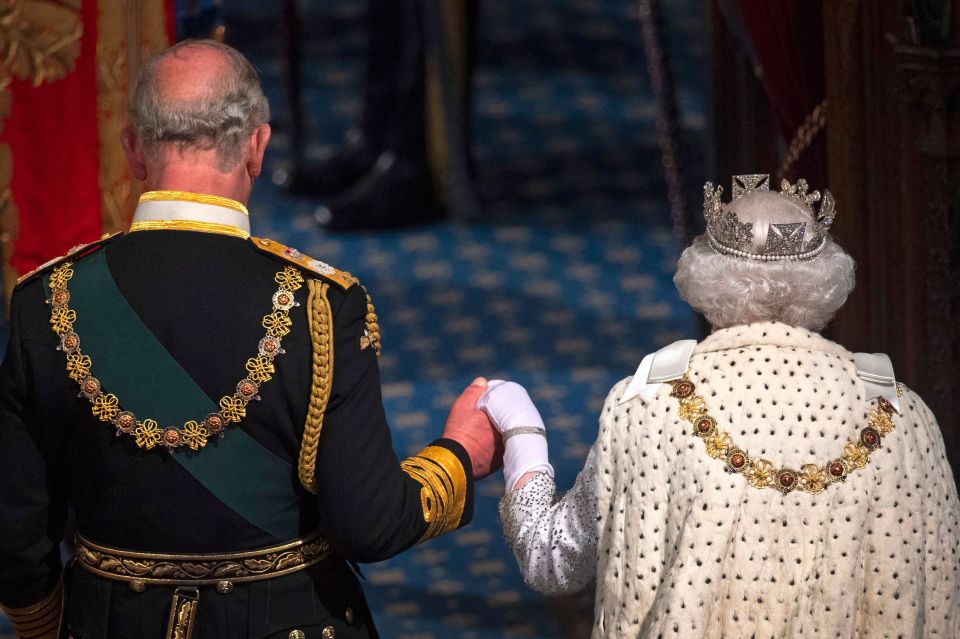 The Late Queen with Charles after delivering the Queen’s Speech at the State Opening of Parliament in the Houses of Parliament in London