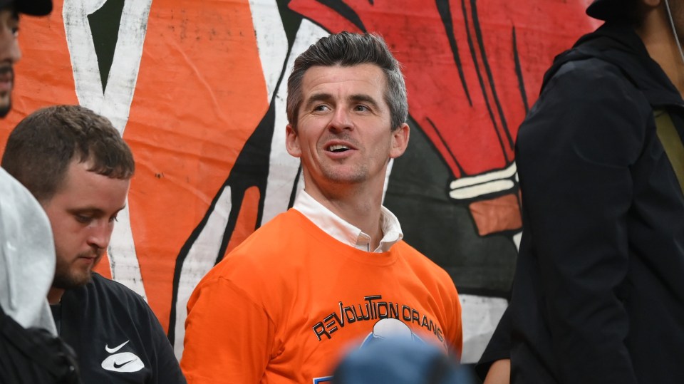 Bristol Rovers manager Joey Barton, formerly of Marseille, was in the away section