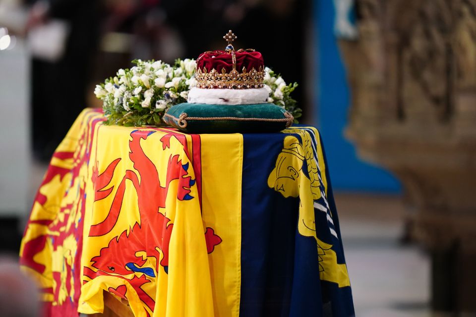 The Crown of Scotland on the Queen's coffin during a service for her life at St Giles’ Cathedral