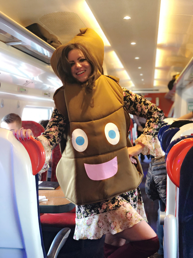 Deb dressed up in a poo costume to press the message home: check your bowel movements