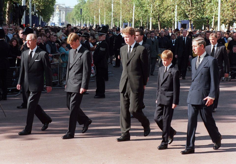 The Duke of Edinburgh, William, Earl Spencer, Harry and the Prince of Wales follow Diana's coffin