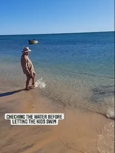 The dad can be seen testing the water as something lurks close by